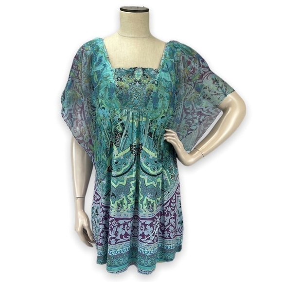 𝅺ONE World Womens S Flutter Sleeve Smocked Tunic Top Blouse Fairy Boho Festive - Picture 1 of 4